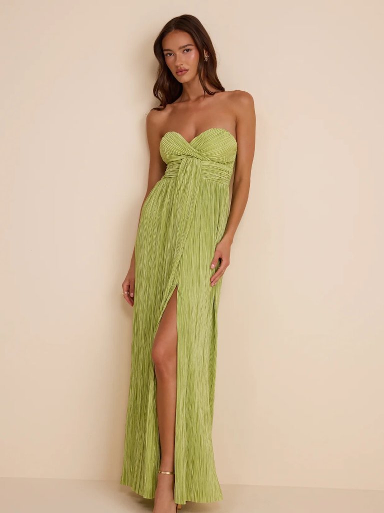 Lulus Oswin Lime Green Satin Plisse Strapless Maxi Dress